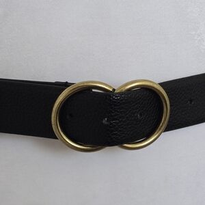 Chic Black Faux Leather Belt with Brass Double Ring Buckle Size M